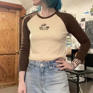Romwe Cottagecore Mushroom Graphic Boho Brown / Cream 3/4 Length Sleeve Top